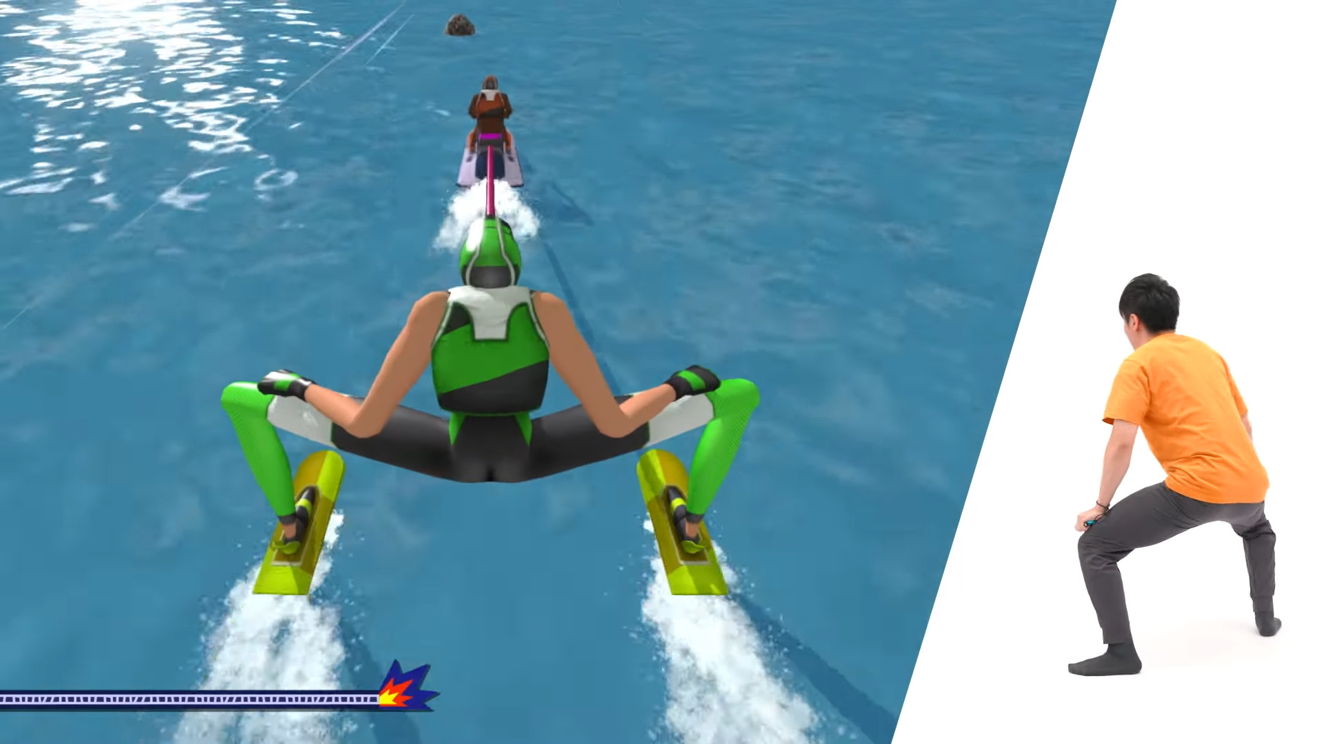 A screenshot of a water skiing minigame in Warioware Move It next to a person mimicking the action